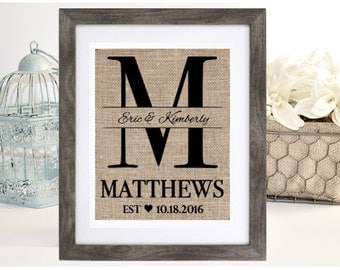 Burlap Monogram, Bridal Shower Gift, Burlap Wedding, Anniversary, Last Name, Personalized Wedding Gift for Couple, Rustic Wedding Gift