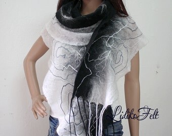 Felted Wool Cobweb Ruffle Scarf Shawl Wrap BLACK WHITE