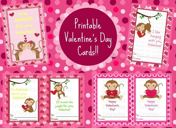 Monkey Printable Valentines INSTANT DOWNLOAD Valentine