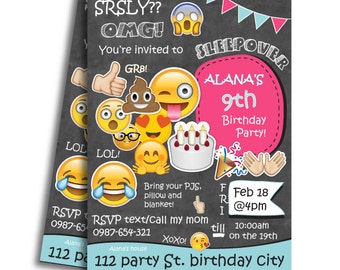 Sleepover Invitation, Slumber Party Invitation, Pajama Party Invitation, Emoji Birthday Invitation, Girl's Birthday Invitation
