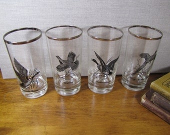 Set of Four (4) Waterfowl Drinking Glasses - Platinum Accent