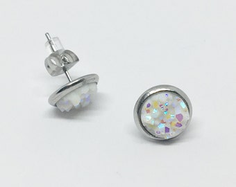 White Druzy Earrings | 8mm Small | Chunky Faux Druzy | Drusy Earrings | Glitter Earrings | Stud Earrings | Faux Druzy | Iridescent Stud
