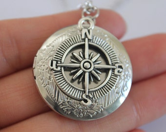 Silver Compass locket Necklace, Compass Charm,Graduation Gift, Travel Gift, Compass Jewelry,Good Luck