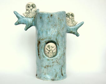 Ceramic vase / Owl/ Owl ceramic vase/Blue/Made to order