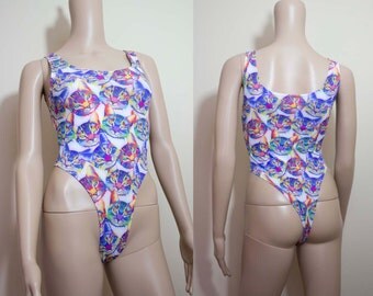 Kitty Cat Print Thong Bodysuit Adult Leotard High Cut Scoop Neck Tank Bodysuit Cute Kittens Kitty Print 80s Leotard Workout Bodysuit Kitten