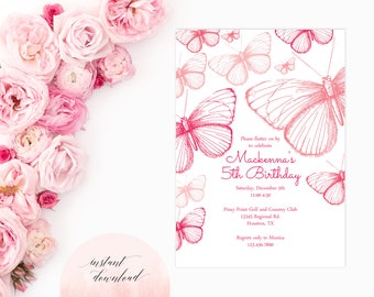 printable pink butterfly party invitation, butterfly birthday invitation, butterfly invitation, birthday invitation, baby shower
