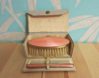 Vintage pink guilloche enamel travel brush and comb set