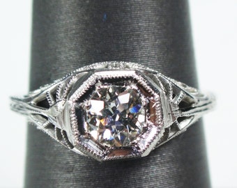 Antique 18k White Gold Diamond Engagement Ring .36 Carat GIA Certified Old European Cut Diamond Engagement Ring Filigree Solitaire Art Deco