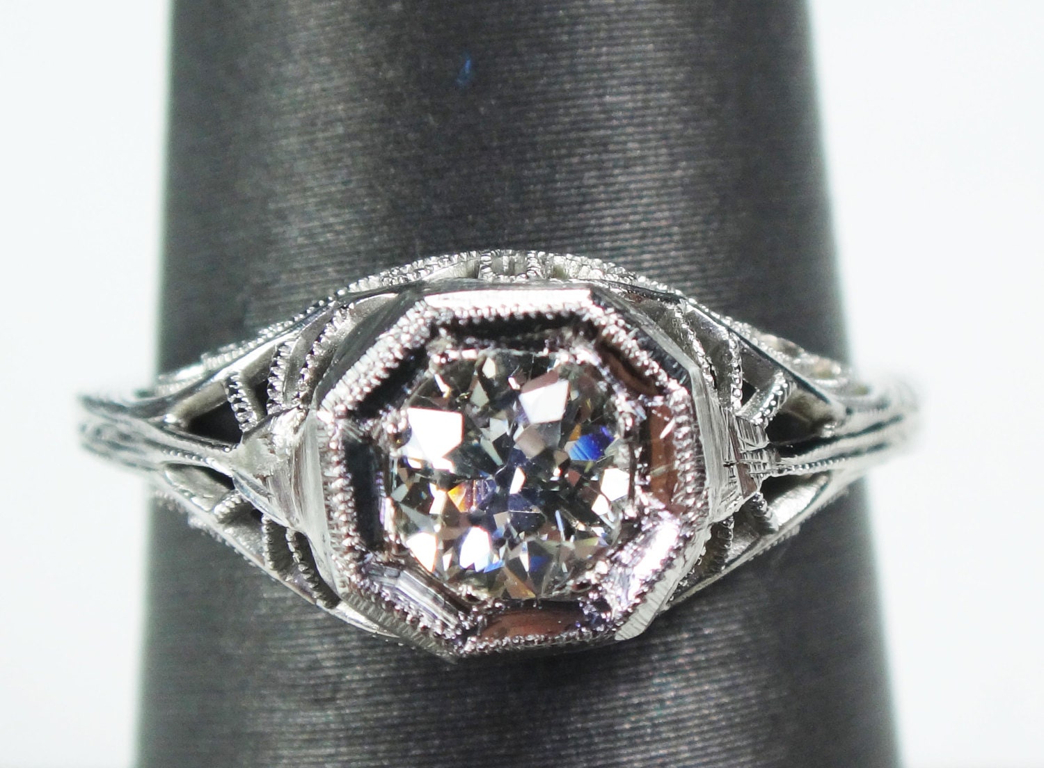 Antique 18k White Gold Diamond Engagement Ring .36 Carat GIA