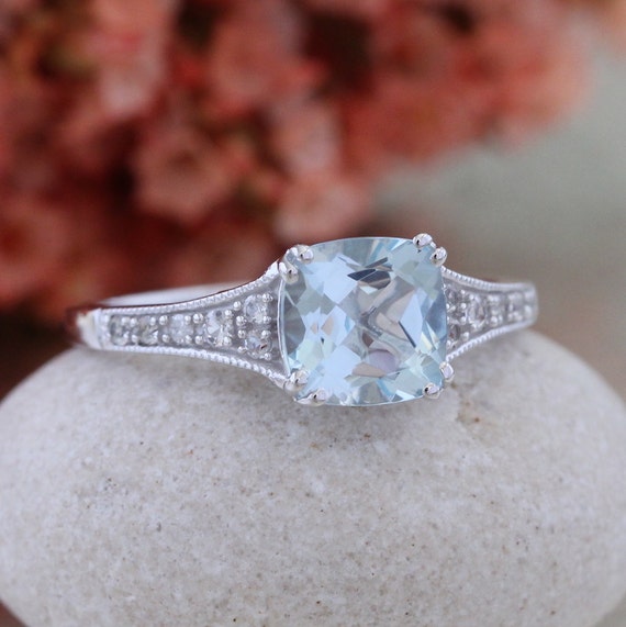 Cushion Cut Aquamarine Engagement Ring in 10k White Gold