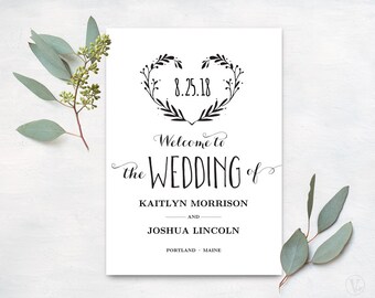 Wedding Program Template, Printable Wedding Programs, Kraft Paper Program, INSTANT DOWNLOAD, Editable Text, 5x7, Heart Wreath VW08