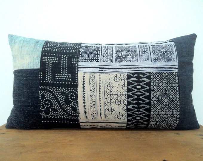 12" x 22" Indigo Vintage Hmong Hand Woven Hemp Batik Pillow Cover, Boho Hill Tribe Batik Lumbar Pillow Cover, Ethnic Textile Decor Pillow