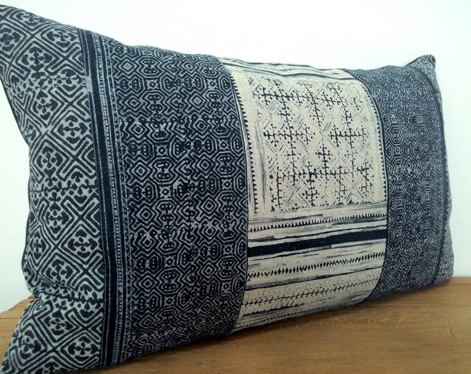 12"x 20" Boho Ethnic Indigo Hmong Fabric Pillow Cover, Hill Tribe Handmade Cotton Batik Pillow Case, Tribal Handpainted Textile Pillow