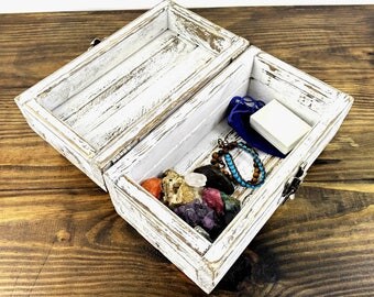 Shabby Painted Wooden Box for Small Storage - Cottage Chic Distressed White Box with Weathered Hardware - Handmade Little Keepsake Chest