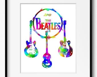 The Beatles Watercolor Art Print (P2011) John Lennon, Paul McCartney, George Harrison, Ringo Starr, Guitar,Drums, Abstract,Bass, Music