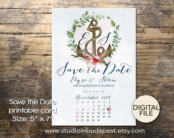 Nautical Save the date card, nautical wedding, floral anchor wedding, Save the date card, Anchor save the date, PRINTABLE