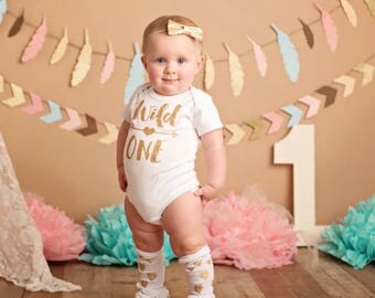 Gold 'Wild One' Onesie | Glitter Gold 'Wild One' Onesie with Gold Arrow | Gold Girls 1st Birthday Onesie© | Glitter Sparkle Birthday Onesie