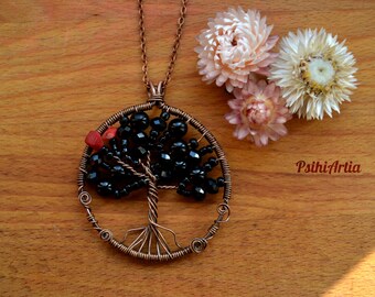 Tree of life pendant, Tree of life necklace, Wire wrapped pendant, Copper wire pendant, Black tree of life, Copper necklace, Beads pendant