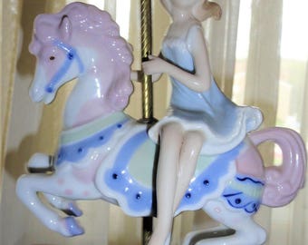 Vintage 1989 Paul Sebastian Porcelain Pastel Colors Girl Riding Side Saddle On Carousel Horse With Brass Pole On Stand Figurine