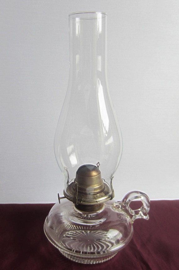 Oil Lamp Pressed Glass Finger Oil Lamp /w Chimney by White