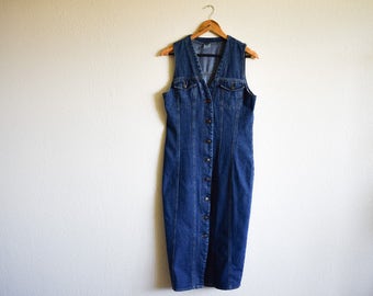 Vintage Denim Dress, 90s Dress Medium, Sleeveless Blue Dress Medium, Button Down Summer Dress 90s Clothing