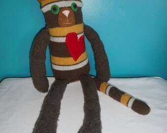 Brown and yellow striped repurposed sweater stuffed cat