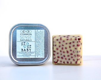 Cooling Muscle Relief Massage Bar. Ice Ice Baby Massage Lotion Bar. Adsuki Bean massage bar. Essential Oil Massage Lotion. Pain Relief Rub.