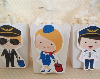 Airport, Pilot, Stewardess, Flight Attendant, Travel Party Popcorn or Favor Boxes - Set of 10