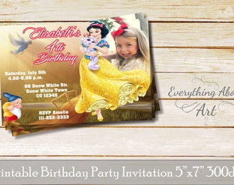 Snow White birthday invitation, Snow White invitation, Printable birthday invitation with photo, Princess Snow White invite, seven dwarfs