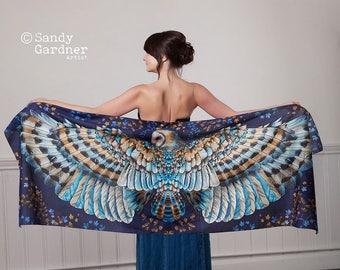 Owl Scarf, Barn Owl, Owl shawl, prom shawl, sarong, wing scarf, prom scarf, midnight Owl, Winged scarf, bird wings, winged shawl, Owl shawl,