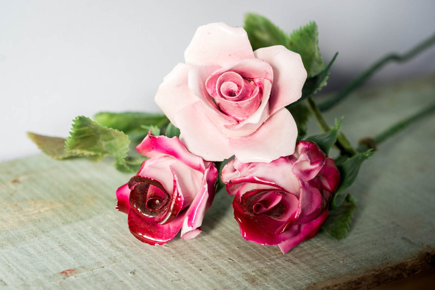 Vintage Porcelain Flowers Roses - Pink Rose Faux Flowers Plastic leaves ...