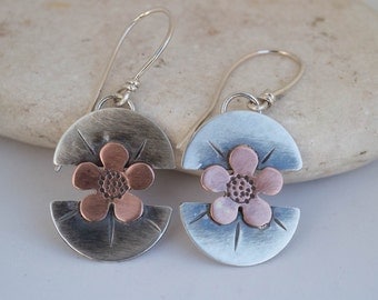 Sterling silver earrings, Silver flower earrings, Mixed metal earrings, Silver and copper earrings, Artisan silver earrings, Handmade,Unique