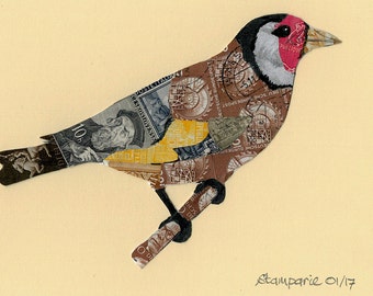 FREE SHIPPING ; Goldfinch - Unique hand-made collage from different cancelled vintage postage stamps from various countries in the world.