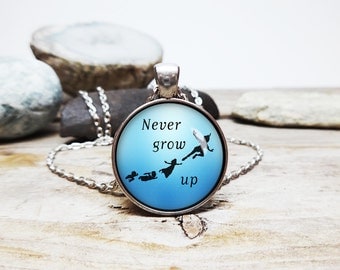 Never grow up necklace peter pan necklace peter pan quote disney movie jewelry peter pan jewelry pan and hook lost boys flying necklace