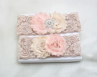 Blush Cream Wedding Garter Set, Rose Beige Lace Bridal Garter Set, Shabby Flowers, Gold Silver Crystal Rhinestone Pearl Bling Button Btn-Chc