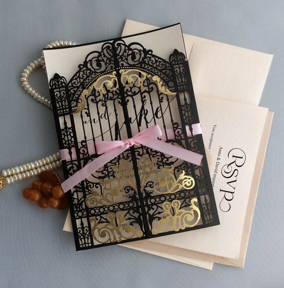 Personalized elegant laser cut black palace gate invitation