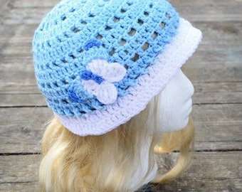 Child's summer hat, toddler sunhat, little girl's hat, beach hat, blue and white, crochet butterfly, girl's easter hat, size 3T to 8