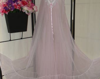 Vintage bridal peignoir nightgown Large/Extra Large by Romantic Traditions; double layer sheer pink chiffon; wide ruffle hem; big sweep