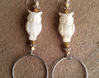 Ivory Owl Resin Earrings with Silver Rings