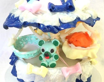 Tiovivo, carrusel, fimo, hecho mano azul/estatuilla/bebé/oso/fantasia/atracción/brillo/cabo/naranja/correa/idea regalo bebé ducha/bautismo.