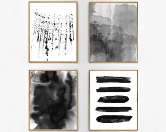Abstract Watercolor Set Black and White Wall art Large Print Minimalist Minimal Gray Wall Art Modern art Paint Splatter Stripes Printable