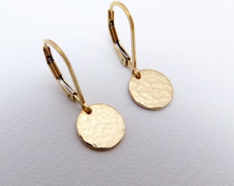 Small Gold Earrings. Free Shipping. Gold Coin Earrings. Hammered Gold Earrings. Gold Filled. Leverback Lever Back. Dainty. Minimal. 3/8"