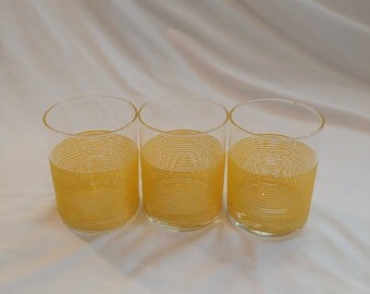 1970s Culver LTD. Yellow Beveled Striped Drinking Glasses Set of 3