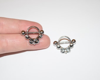 Silver Lace Swirls with Clear Gems 316L Surgical Steel Nipple Shield, Nipple Studs, Nipple Rings, Nipple Barbells