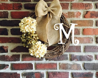 White Hydrangea Wreath with Monogram-Spring Wreath-Initial Wreath-Door Wreath-Monogram Wreath-Wreath-Front Door Wreath-Everyday Wreath
