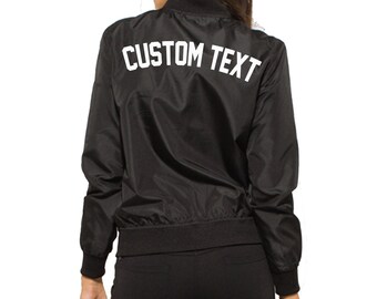 WOMENS CUSTOM Black Oversized Bomber Jacket- Long Sleeve Zip Up Black Bomber Jacket- Classic Personalize Bomber Jacket- Custom Text