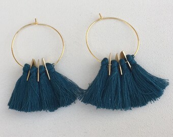 Peacock Blue/ Tassel Earrings/ 1.5 inch Gold Hoops/ Tassel Hoop Earrings