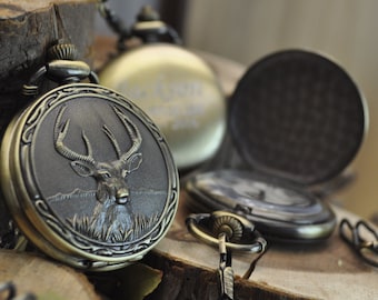 Set of 6, Deer Pattern Bronze Pocket Watch, Groomsmen Gift , Engraved, Gift for Groom, personalized pocket watch, Teachers, Boyfriend