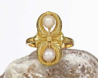 Antique Ring - 22k Gold French Napoleon III Empire Natural Pearl Victorian Ring, Antique Jewelry Victorian Jewelry Statement size 7
