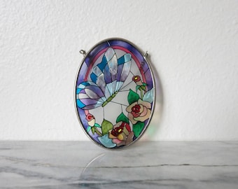 Vintage Butterfly Suncatcher, Stained Glass Panel, Glass Ornament, Dainty, Pink, Purple, Suncatchers, Nature Lover Gift, Unicorn Colors Rose
